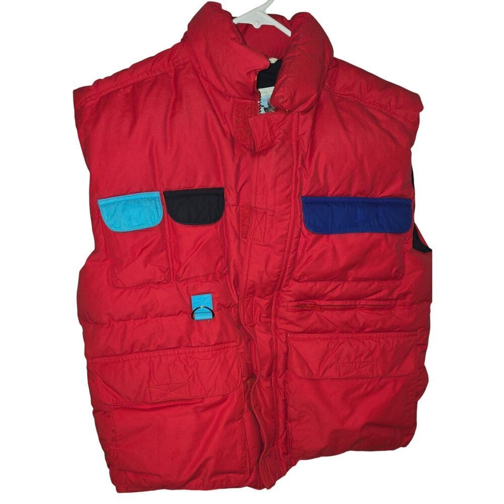 Vintage Brambilla of France Premium Down Puffer Cargo Vest Mens LRG Red Outdoor